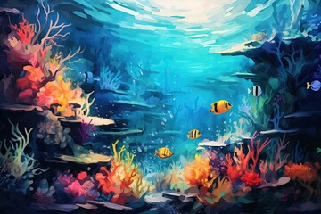 Naklejka na ściany i meble Underwater world drawn - made with Generative Ai 
