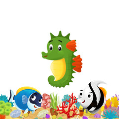 cartoon scene with coral reef and happy fishes swimming near isolated illustration for children