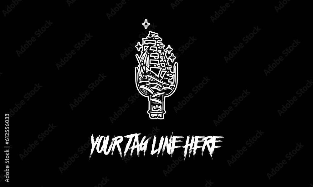 Poster vector of a sail boat in a bottle icon with a tag line on a black background