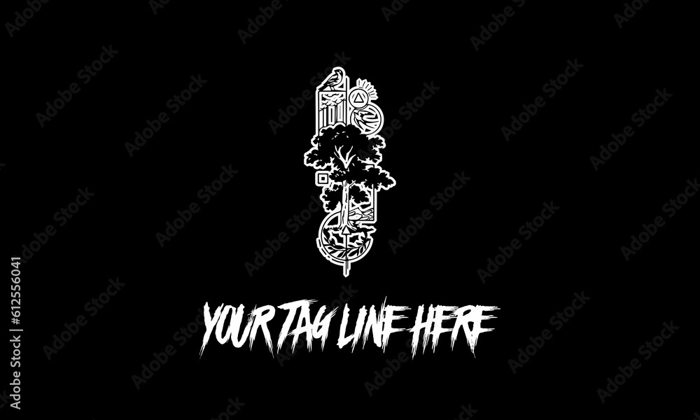 Poster vector of a unique icon with trees and a bird and a tag line on a black background
