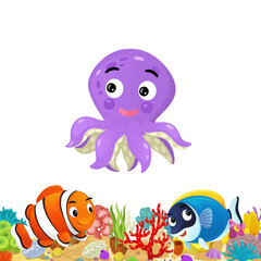 cartoon scene with coral reef and happy fishes swimming near isolated illustration for children