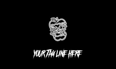 Vector illustration of a rotten apple icon and an editable tagline on a black background