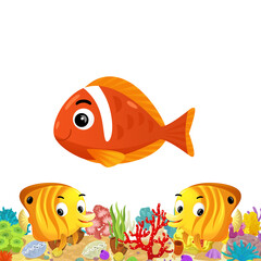 cartoon scene with coral reef and happy fishes swimming near isolated illustration for children
