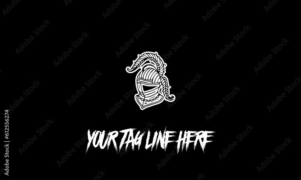 Poster vector design of a minimalistic logo sketch in knight helmet shape and space for text