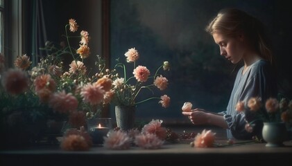 Very beautiful lady and flowers, AI generated