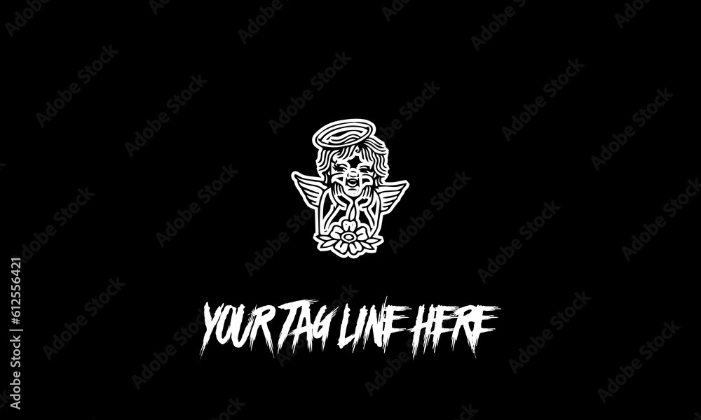 Poster vector design of a minimalistic logo sketch in angelic clown shape and space for text