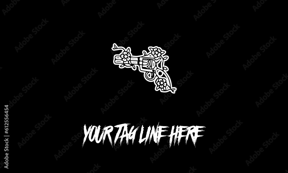 Poster vector design of a minimalistic logo sketch in gun shape with floral ornaments and space for text