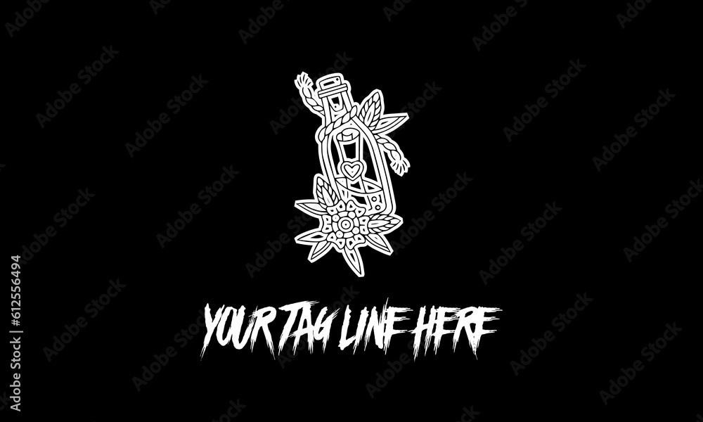Poster vector design of a minimalistic logo sketch in bottle shape with floral ornaments and space for text