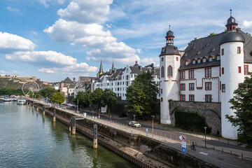Old buildings lined along Moselle River in Koblenz, Rhineland-Palatinate.. Koblenz, Germany, Aug....