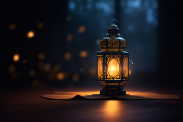 Fototapeta na wymiar Radiant Ramadan lantern in a dark room with a dark and blurry image behind it, generative ai