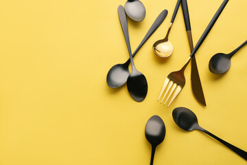 Stylish cutlery on yellow background