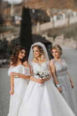 Naklejka premium Stylish bridesmaids have fun with the bride in nature and pose and look at the bride