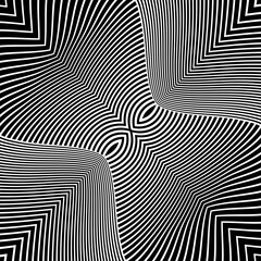 Black twisted stripes. Optical illusion with psychedelic stripes. Line art pattern.Trendy element for posters, social media, logo, frames, broshure, promotion, flyer, covers, banners