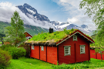 Fototapeta na wymiar A typical Norwegian falu red wooden cottage with grass and weeds growing out of the roof. Beautiful mountain scenery.