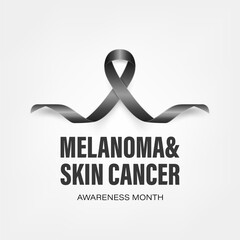 Melanoma, Skin Cancer Banner, Card, Placard with Vector 3d Realistic Black Ribbon on White Background. Melanoma, Skin Cancer Awareness Month Symbol Closeup, May. World Melanoma Day Concept