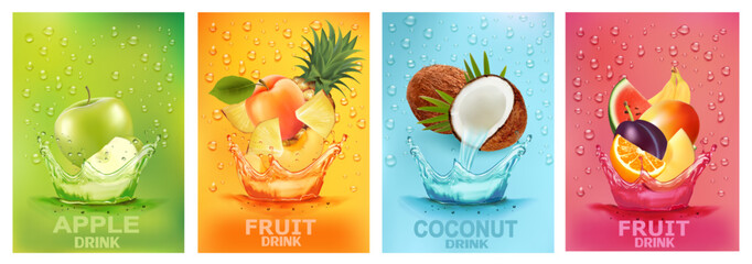 Fresh fruits drink splashing together- pear, apple, plum, apricot, cococnut, mango, pinrapple, banana, orangre juice drink splashing. 3d fresh fruit. Vector illustration - 612558647
