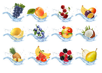 Set of fruits and vegetables in water splashes. Apricot, watermelon, cherry, raspberry, blackberry, coconut, pear, sweet melon, pineapple, strawberry in water splash and drops. Vector illustration.