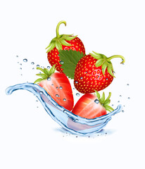 Fresh strawberries in water splash and drops. 3D fresh berries falling into the water. Vector illustration. - 612558682