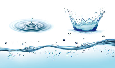 Obraz na płótnie Canvas Set of transparent water splashes, drops isolated on transparent background. Water crown splashes with drops. Transparent water waves with air bubbles. Vector illustration