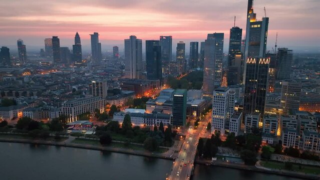 Frankfurt aerial skyline view at sunset, beautiful sunset sky over frankfurt city germany.