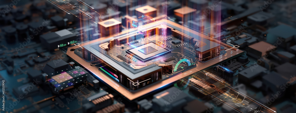 Poster closeup on an advanced microchip or cpu of a powerful computer board with technical details elements
