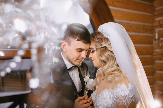 a beautiful bride in a wedding dress with a beautiful hairstyle and a groom in a black suit in a beautiful wooden interior