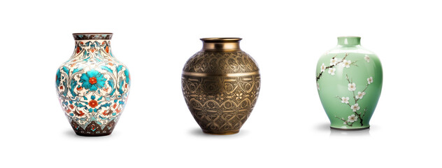 collection Set of different styles of retro vantage and modern vase and interior plants pots furniture cutouts isolated on transparent background - Generative AI