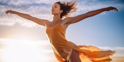 Woman with arms outstretched in dynamic pose, wind blown orange dress, outdoor, wide. Generative AI