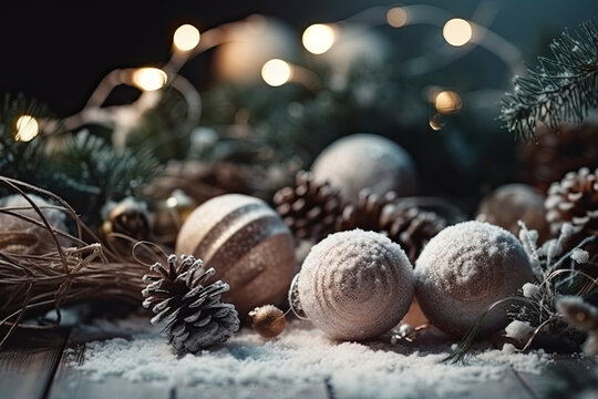 Christmas baubles for festive decorations, golden christmas balls with pine cones on dark blue background, created with Generative AI