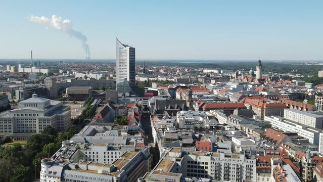 Aerial view of city buildings during daytime in the center of Leipzig in Saxony, Germany