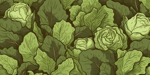 Fresh Organic Lettuce Vegetable Cartoon Horizontal Background Illustration. Healthy Vegetarian Diet. Ai Generated Drawning Background Illustration with Delicious Juicy Lettuce Vegetable. Generative AI