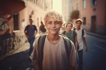 Mischievous young blond boy with school bag walking down the street looking at camera, with his friends, AI generated