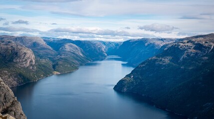 Landscape of Lysefjord green mountaons Fjord in Norway with cloudy sky