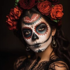 Dia de los muertos, Mexican holiday of the dead and halloween. Woman with sugar skull make up and flowers. Generative AI