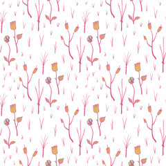 Seamless Pattern with Dainty Eclectic Pink and Yellow Flowers, Plants and Grass