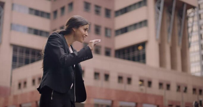 Business woman wave, phone and taxi in a city with urban travel and transport of chauffeur. Female employee, road and mobile connectivity with ride share app with car traveling and transportation