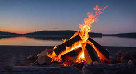 beautiful campfire in the middle of the beach - obrazy, fototapety, plakaty