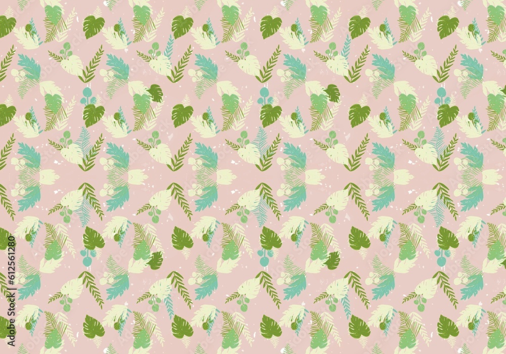 Poster illustration of a seamless pattern of leaves on a pink background