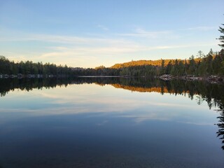 Beautiful view of trees reflecting on lake under blue sky