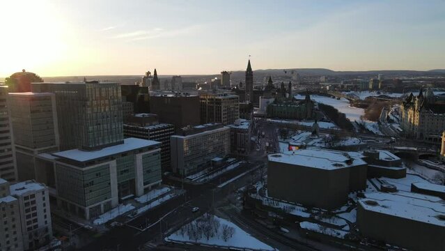 Aerial of the snowy Ottawa cityscape on a sunny day on the winter season under the blue sky