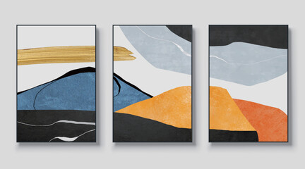 Illustrated design of three abstract colorful paintings hung on a gray wall