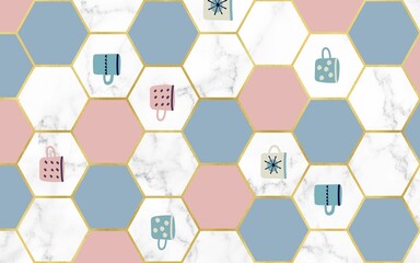 Illustration of colorful honeycomb patterns isolated on a white marble background