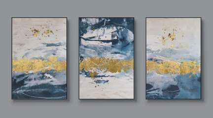 Illustrated design of three abstract colorful paintings hung on a gray wall