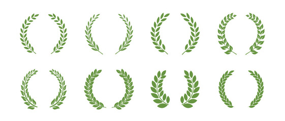 Vector green laurels set. Circular foliate laurels branches. Laurel wreath silhouette. Trophy crest. Greek olive branch award, winner round emblem