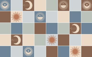 Illustration of colorful squares with the sun and moon in some of them