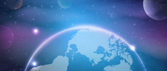 Space and planet background. Planets surface with stars and clouds in dark space. Space sky with planet and satellite.  Vector illustration