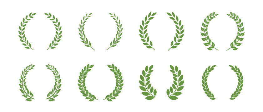 Vector green laurels set. Circular foliate laurels branches. Laurel wreath silhouette. Trophy crest. Greek olive branch award, winner round emblem