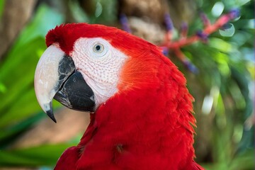 Closeup shot of a colorful Macaw parrot (Ara macao) with trees in the blurred background