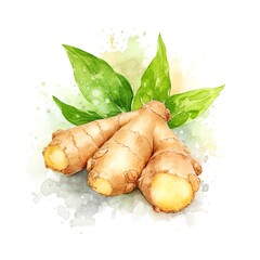 Aromatic Ginger Spice Watercolor Square Background. Healthy Vegetarian Diet. Ai Generated, Drawn With Paint Splashes On White Background Delicious Flavory Ginger Spice. Generative AI