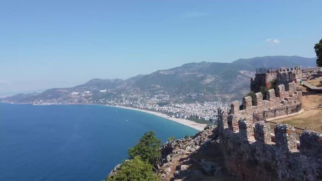 Aerial view of the Alanya Kalesi Castle and nearby areas on the shore of Antalya, Turkey